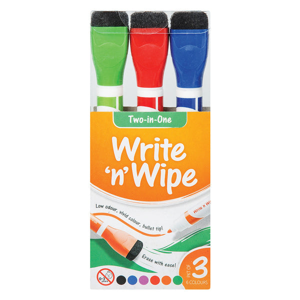 Write 'n' Wipe 6-Colours Whiteboard Markers 3pk
