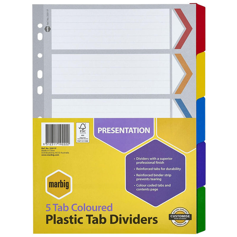 Marbig Manilla Plastic Tab Dividers A4 (Coloured)